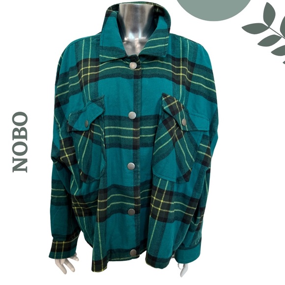 NOBO Teal Plaid Button-Up Shacket | Brushed Flannel | Oversized Fit | Size XXL - Picture 1 of 6